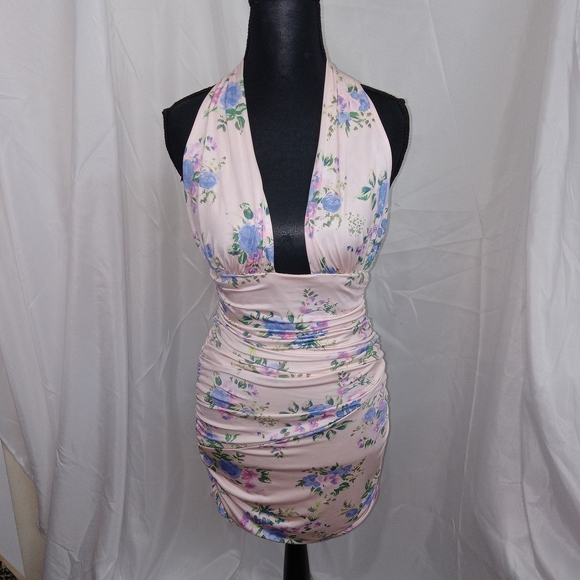 ZARA Light Pink Halter Neck Open Back Ruched Bodycon Mini Dress Womens Medium - Picture 5 of 15